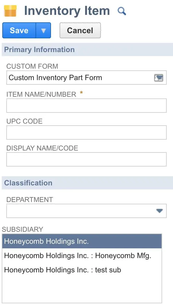 Inventory Item page with Subsidiary field.