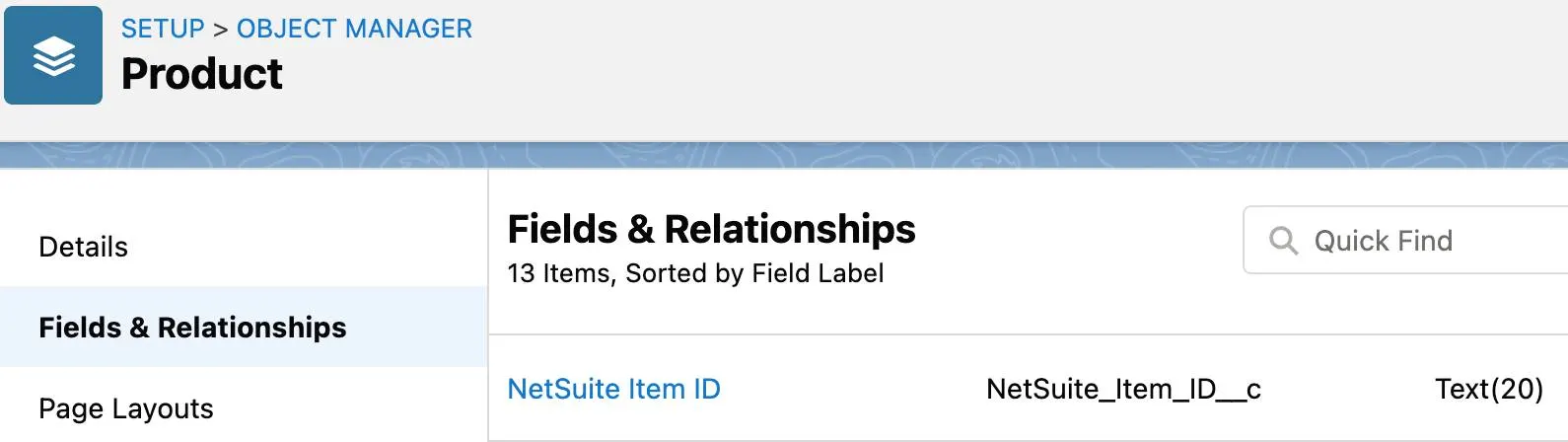 Product object with custom field NetSuite Item ID.