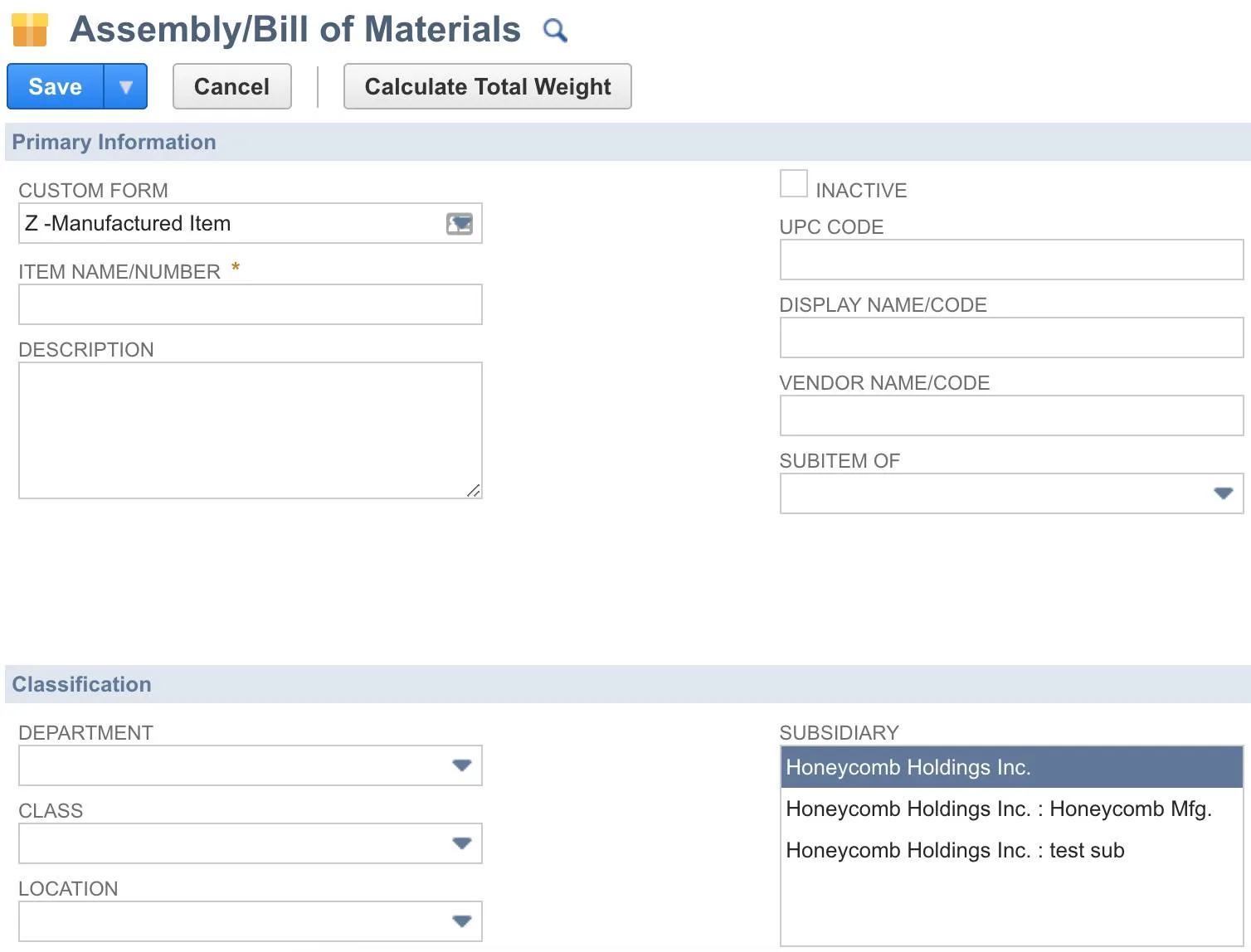 Assembly/Bill of Materials form with Subsidiary field.