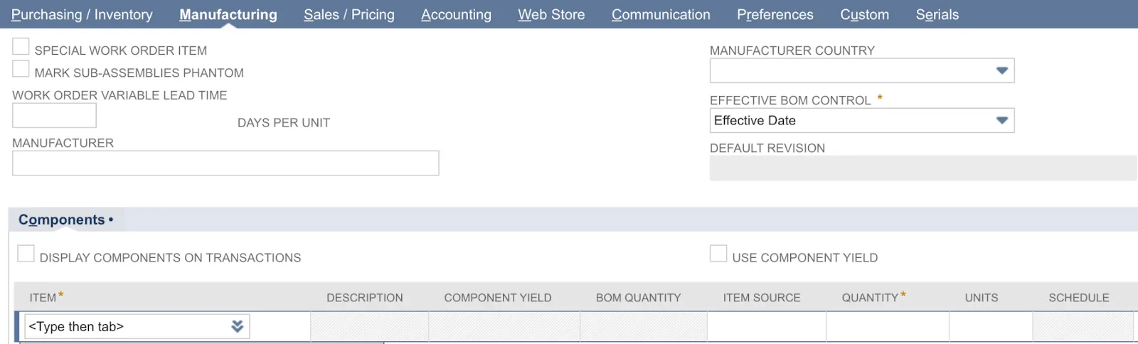 Manufacturing tab of Assembly/Bill of Materials form with Components section.