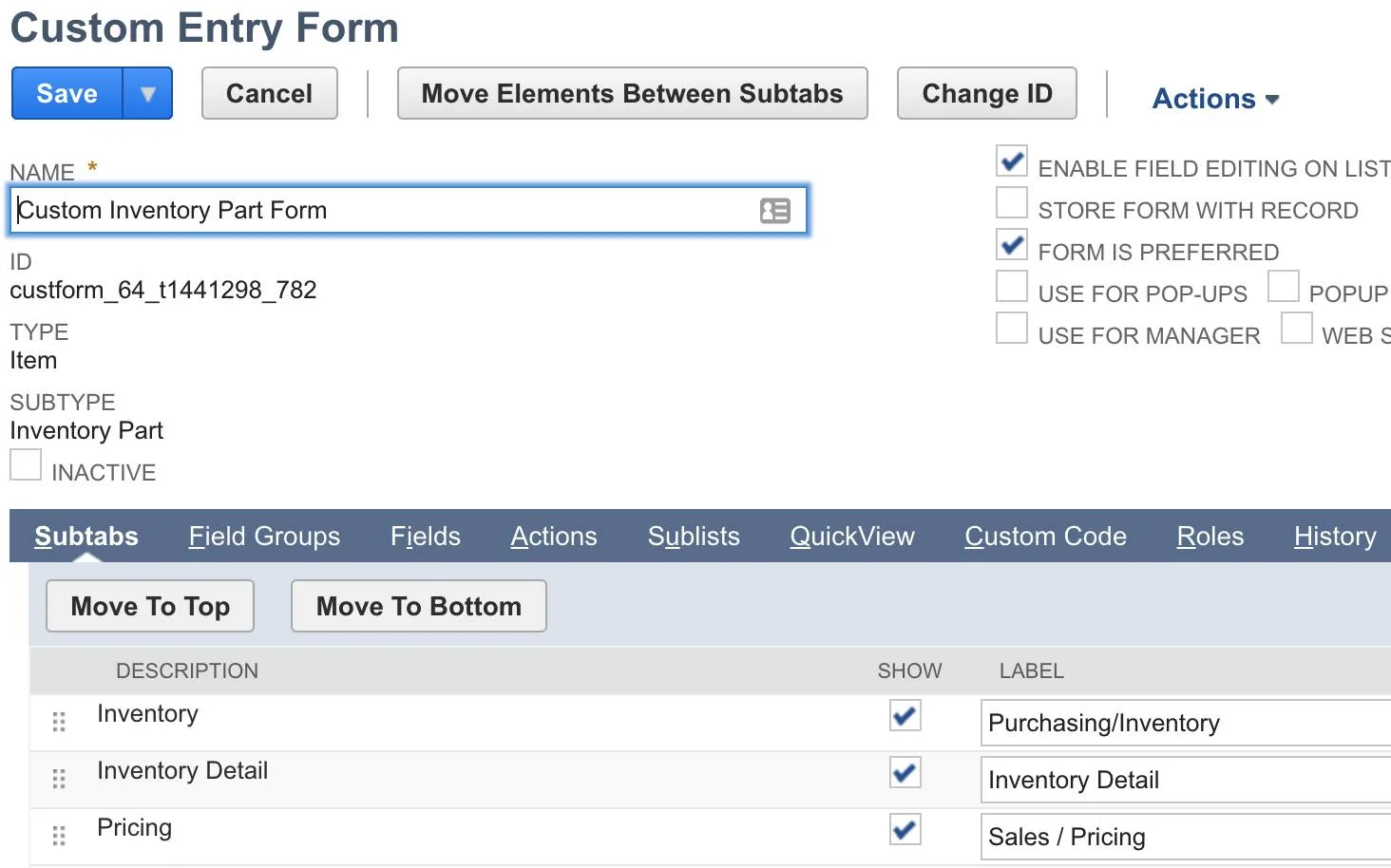 Custom Inventory Part Form with various subtabs.