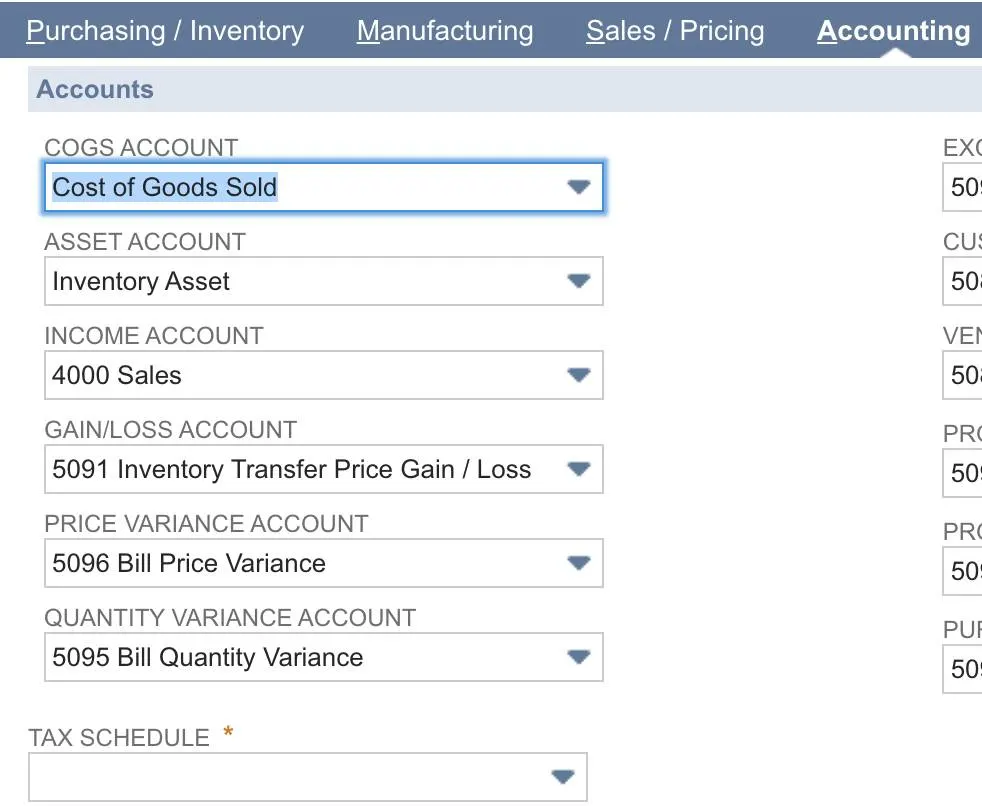 Assembly/Bill of Materials form with Tax Schedule field.