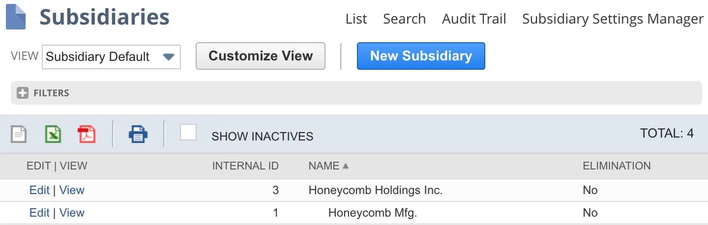 Subsidiaries page with internal IDs and various subsidiaries.