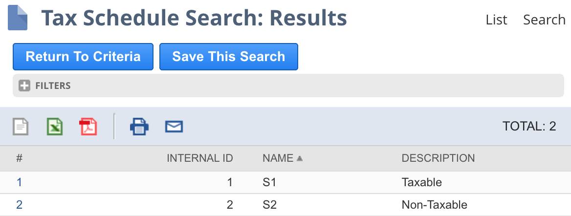 内部 ID とさまざまな税額表が表示されている [Tax Schedule Search: Results (税額表の検索: 結果)] ページ
