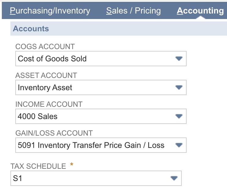 [Tax Schedule (税額表)] 項目が表示されている [Inventory Item (在庫品目)] フォームの [Accounting (会計)] タブ