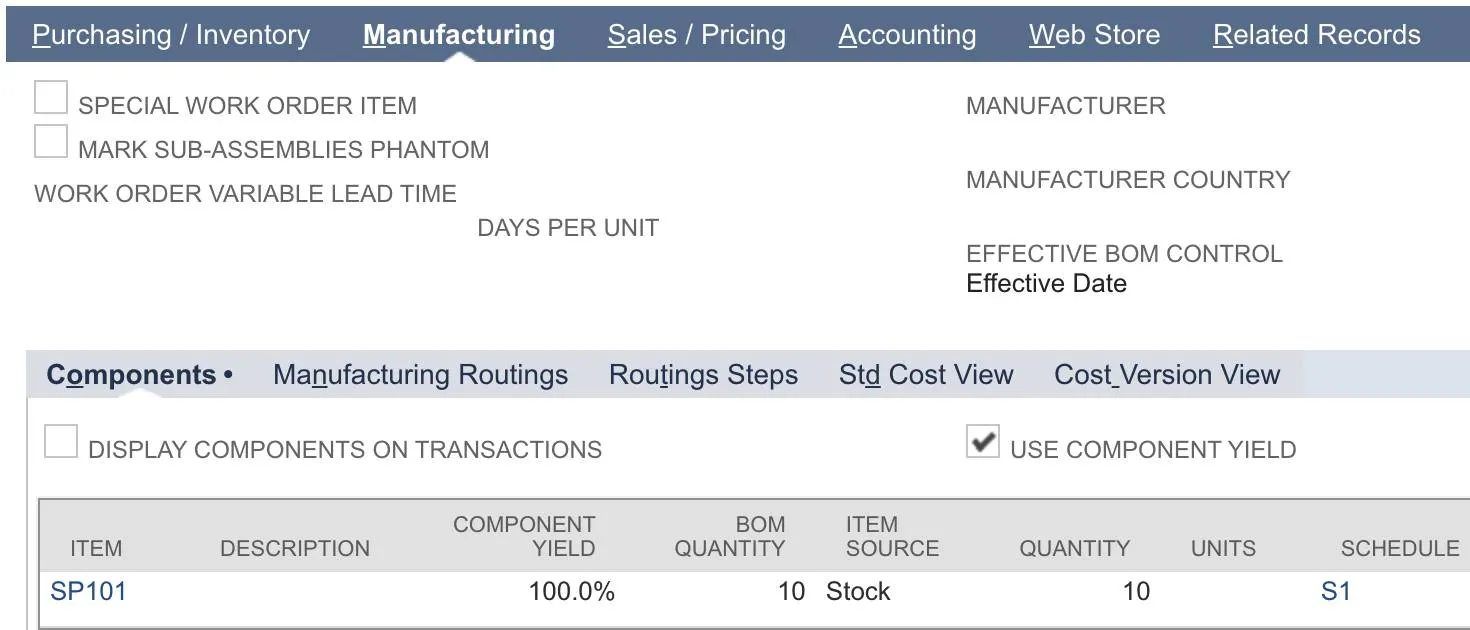 Manufacturing subtab with SP101 in Components sublist.