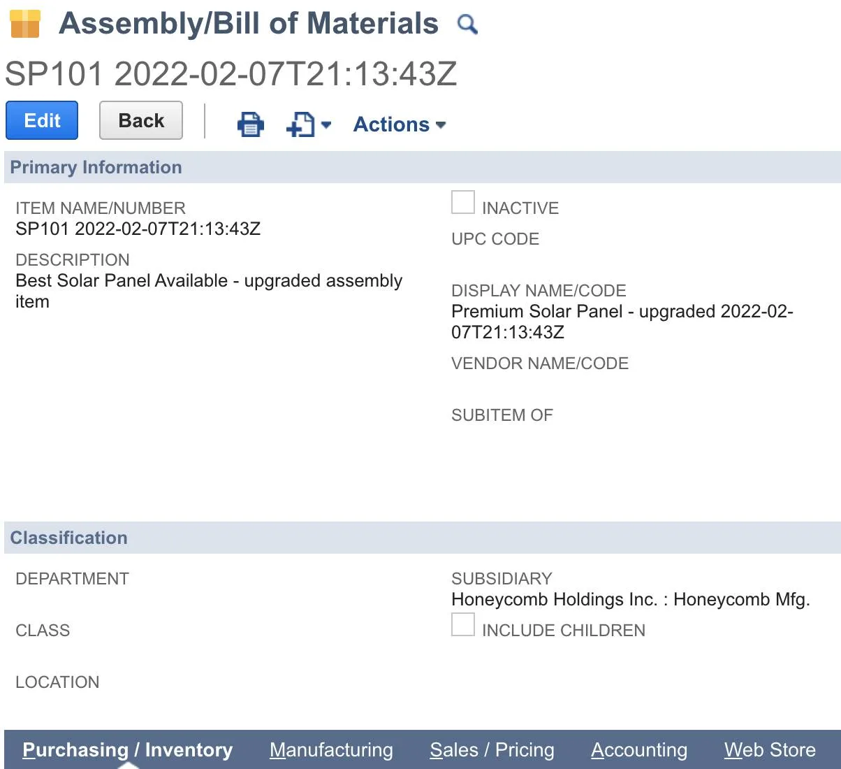 Assembly/Bill of Materials form with Premium Solar Panel - upgraded and associated field values.