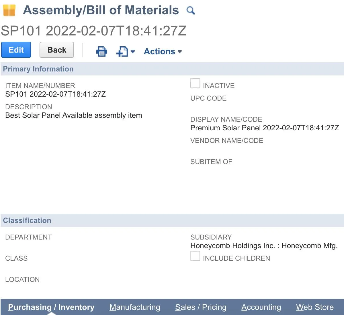 Assembly/Bill of Materials form showing Honeycomb Mfg subsidiary.