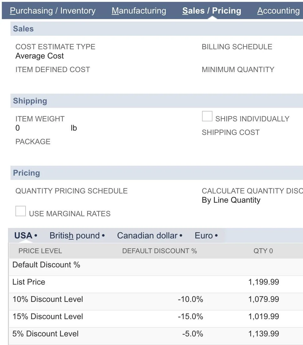 Sales/Pricing subtab with list price $1199.99 in USA dollar sublist.