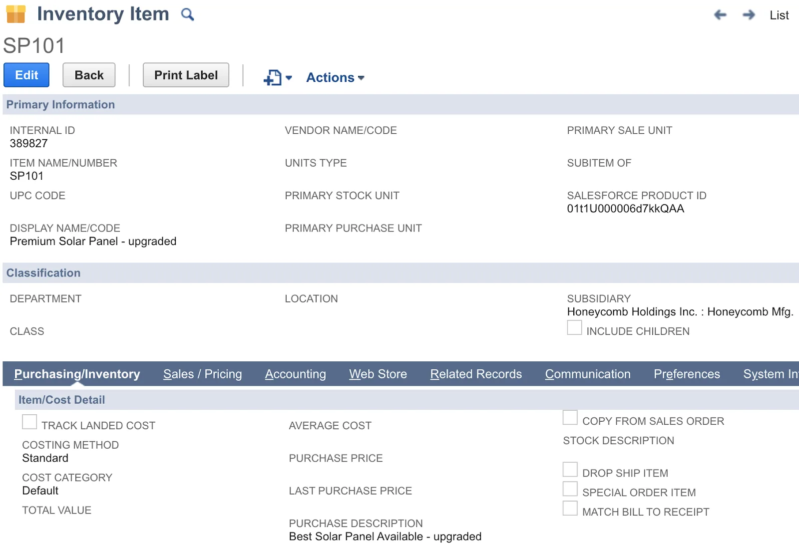 Inventory Item form with Premium Solar Panel - upgraded and associated field values.