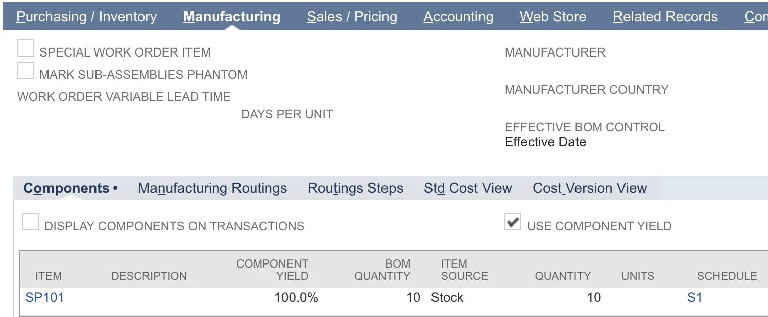 Manufacturing subtab showing SP101 in Components sublist.