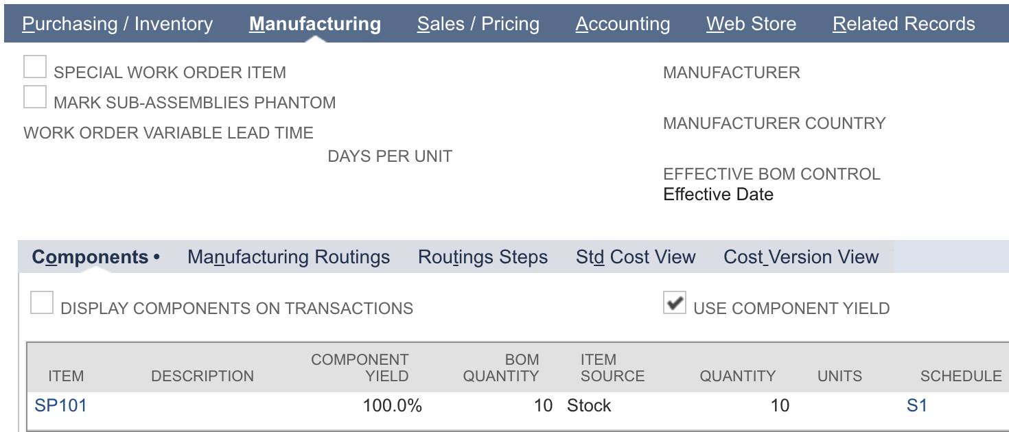 [Components (部品)] サブリストに SP101 が表示されている [Manufacturing (製造)] サブタブ