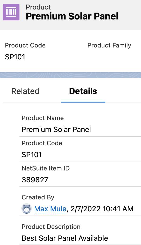 389827 という NetSuite 品目 ID が示されている Salesforce の商品