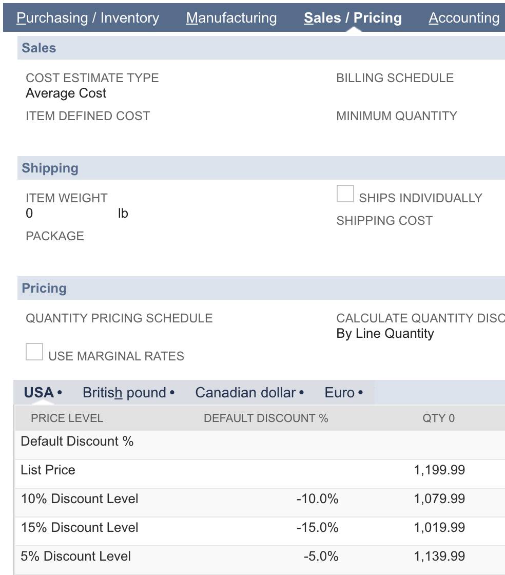 米ドルサブリストに $1199.99 というリスト価格が示されている [Sales/Pricing (販売/価格設定)] サブタブ