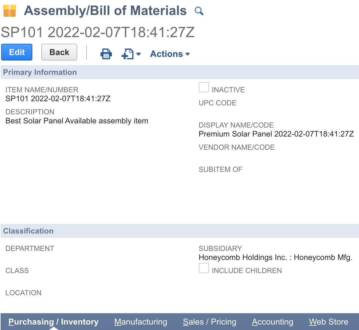Honeycomb Mfg 関連子会社が表示されている [Assembly/Bill of Materials (アセンブリ/部品表)] フォーム