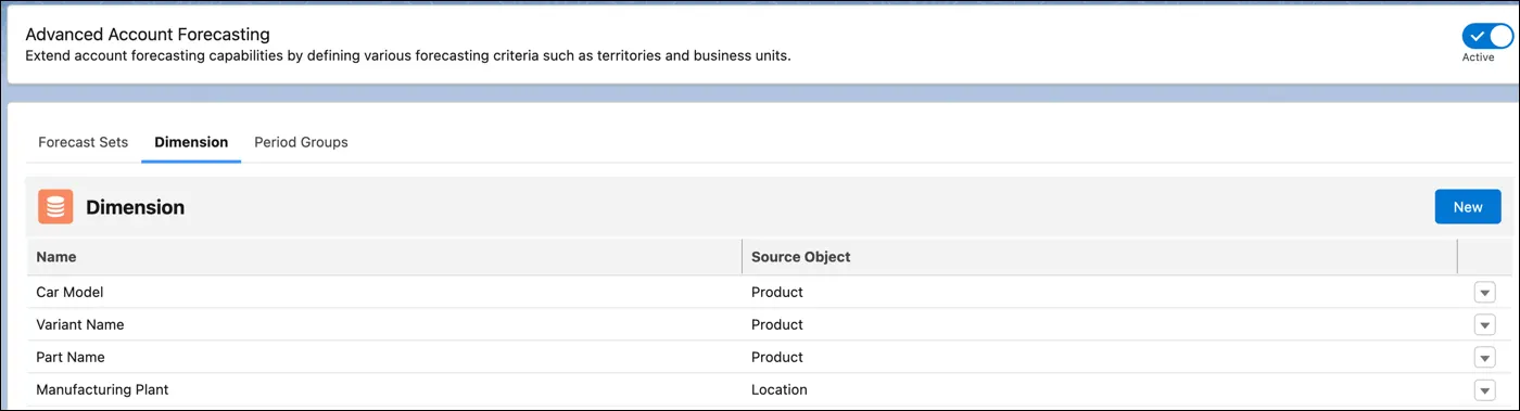 Dimensions on the Advanced Account Forecasting page in Setup.