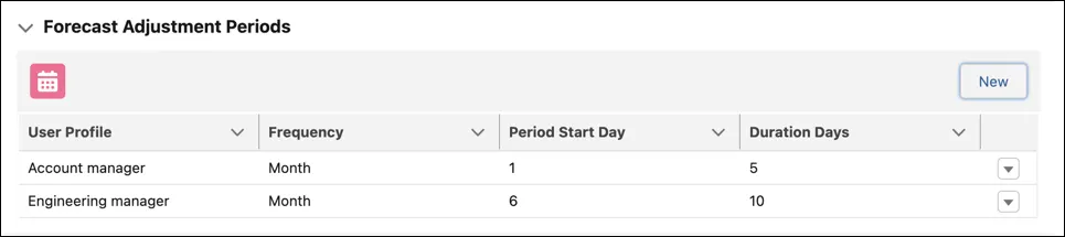 Forecast adjustment periods on the forecast set record.