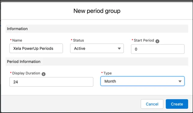 The New period group window where you configure monthly forecasts from the current period for a total of 24 periods.