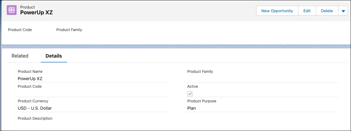 A Product record of the car variant PowerUp XZ.