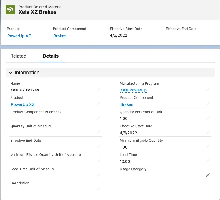 A Product Related Material record associating the product PowerUp XZ with the Brakes component.