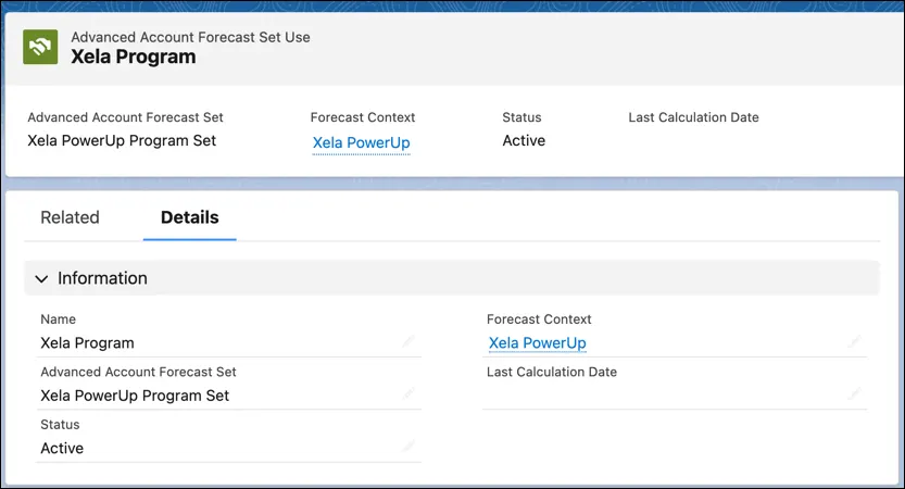 The Advanced Account Forecast Fact Set Use record for a manufacturing program.