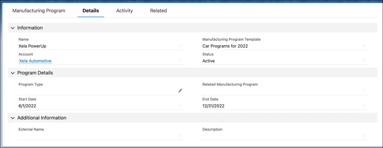 The Details tab of the Xela PowerUp program record.