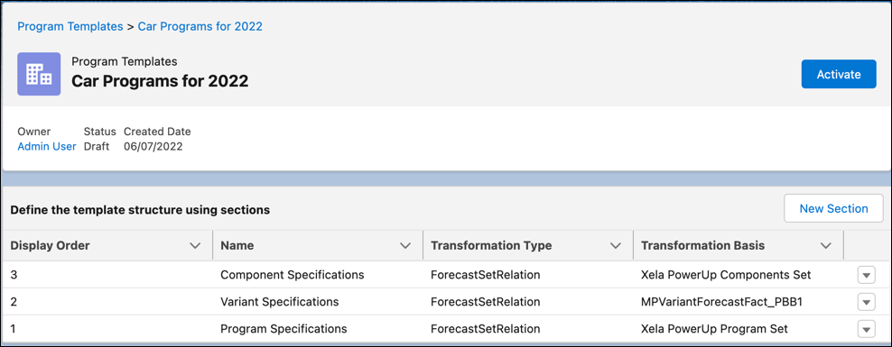 3 つのセクションがあるプログラムテンプレート。