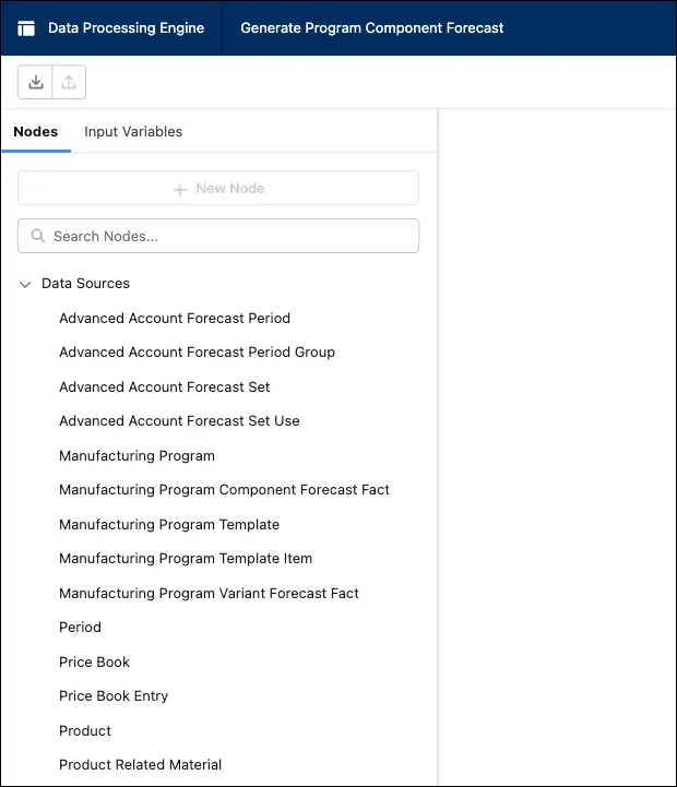 The Data Source nodes in the Generate Program Component Forecast Data Processing Engine definition.