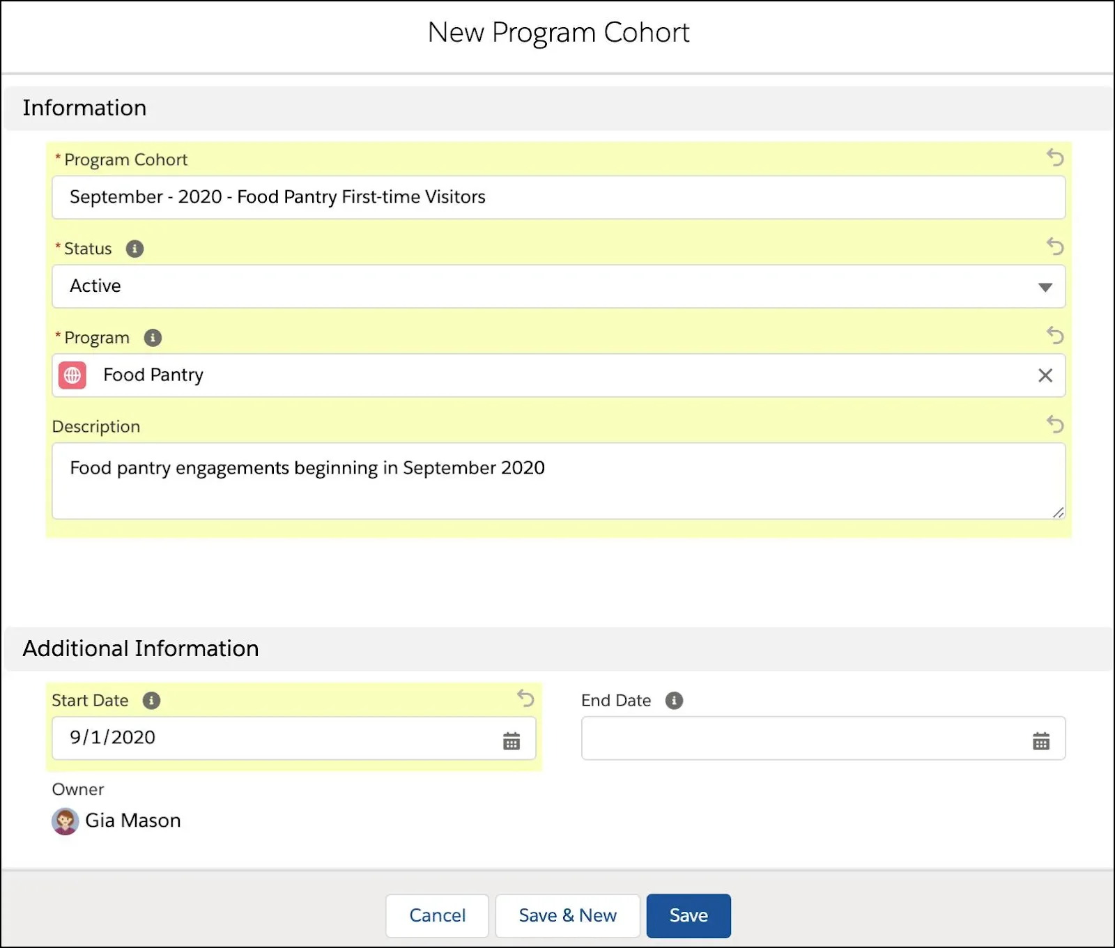 The New Program Cohort interface with Gia’s information entered