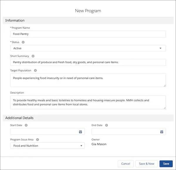 Interface Nouveau programme, avec les données saisies par Gia