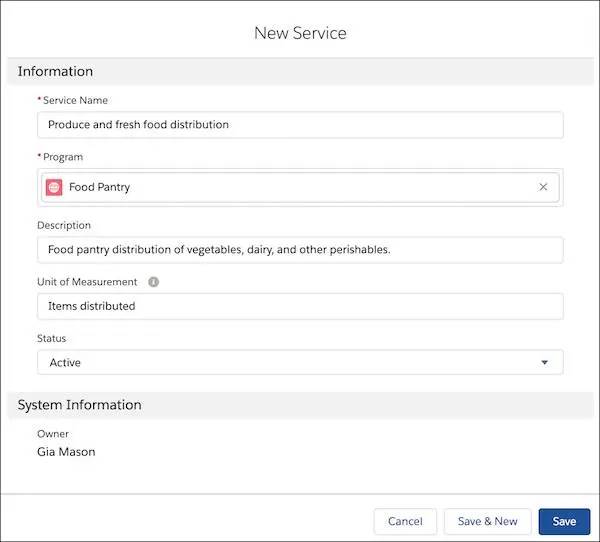 Interface Nouveau service avec les données saisies par Gia