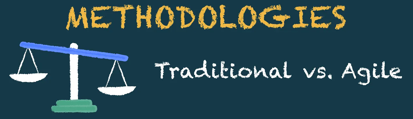 Icono de una balanza con el texto “Metodologías: Tradicional vs. Ágil”