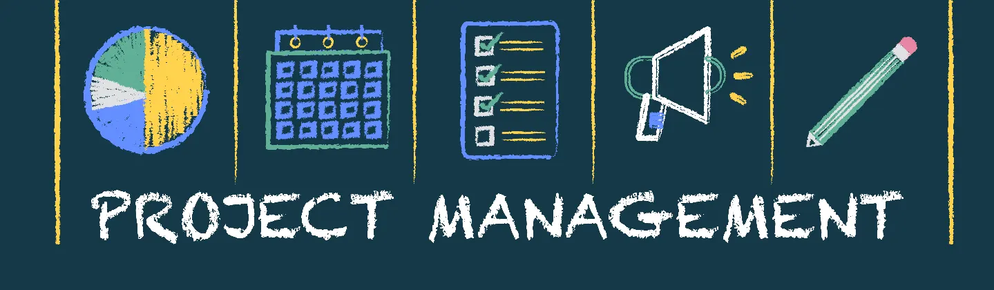 Banner with icons representing typical project management activities: a pie chart, calendar, checklist, megaphone, and pencil, with project management written underneath