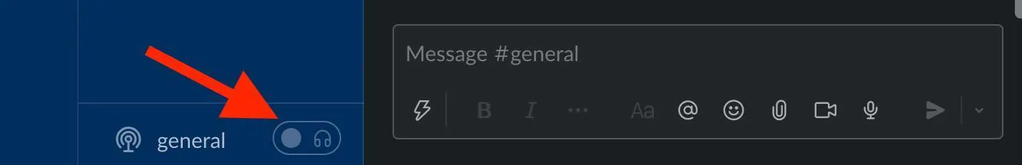 #general channel open and red arrow pointing to headphones toggle in the bottom left corner with the composition field adjacent