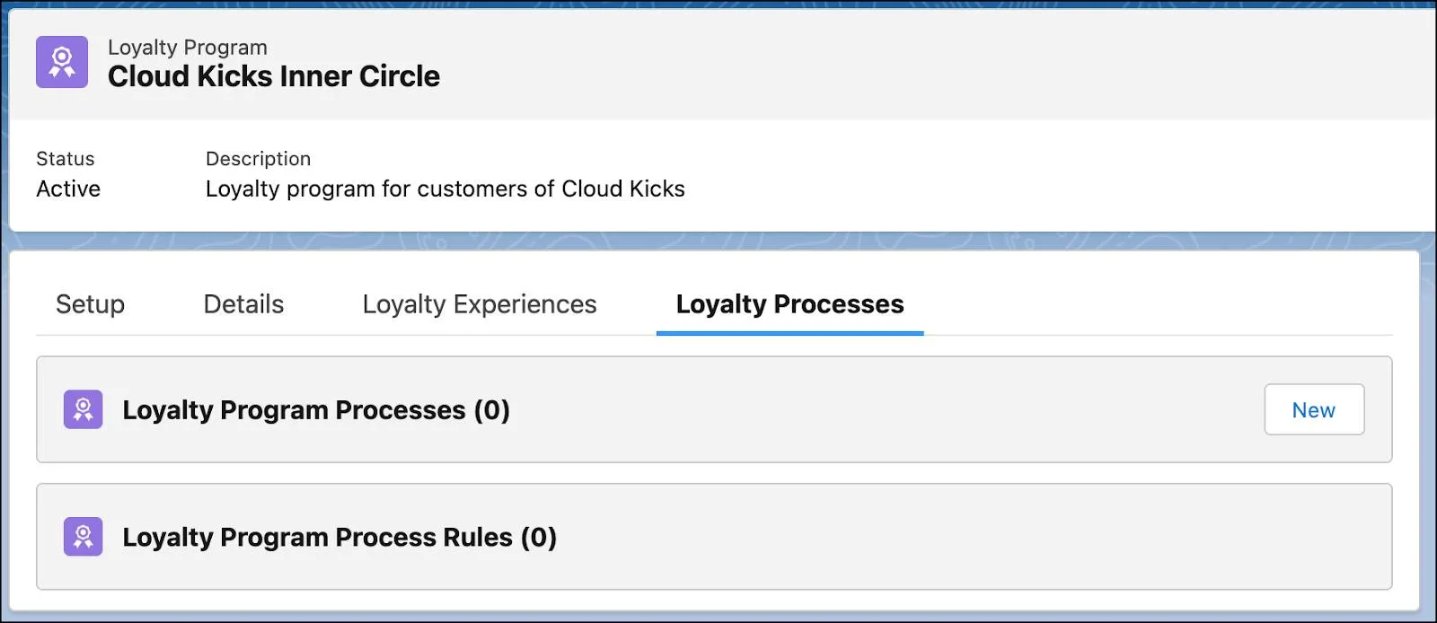 The Loyalty Processes tab for the Cloud Kicks Inner Circle program record.