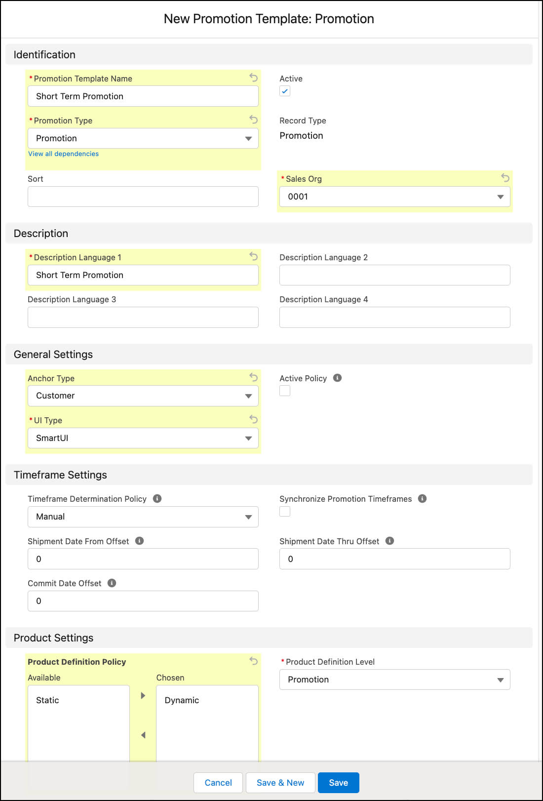 The New Promotion Template: Promotion window showing the options to create a promotion template.