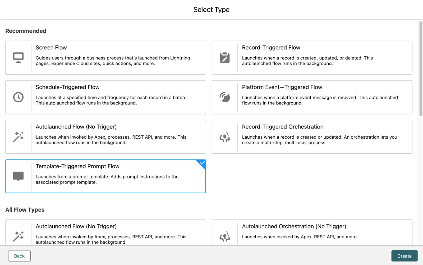 Select Type window with Template-Triggered Prompt Flow selected.