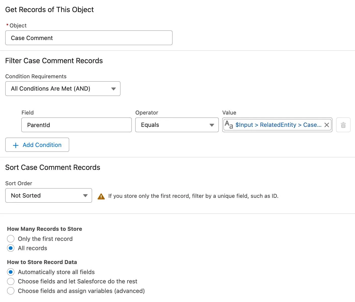 The Get Records element’s configuration panel corresponding to the preceding instructions.