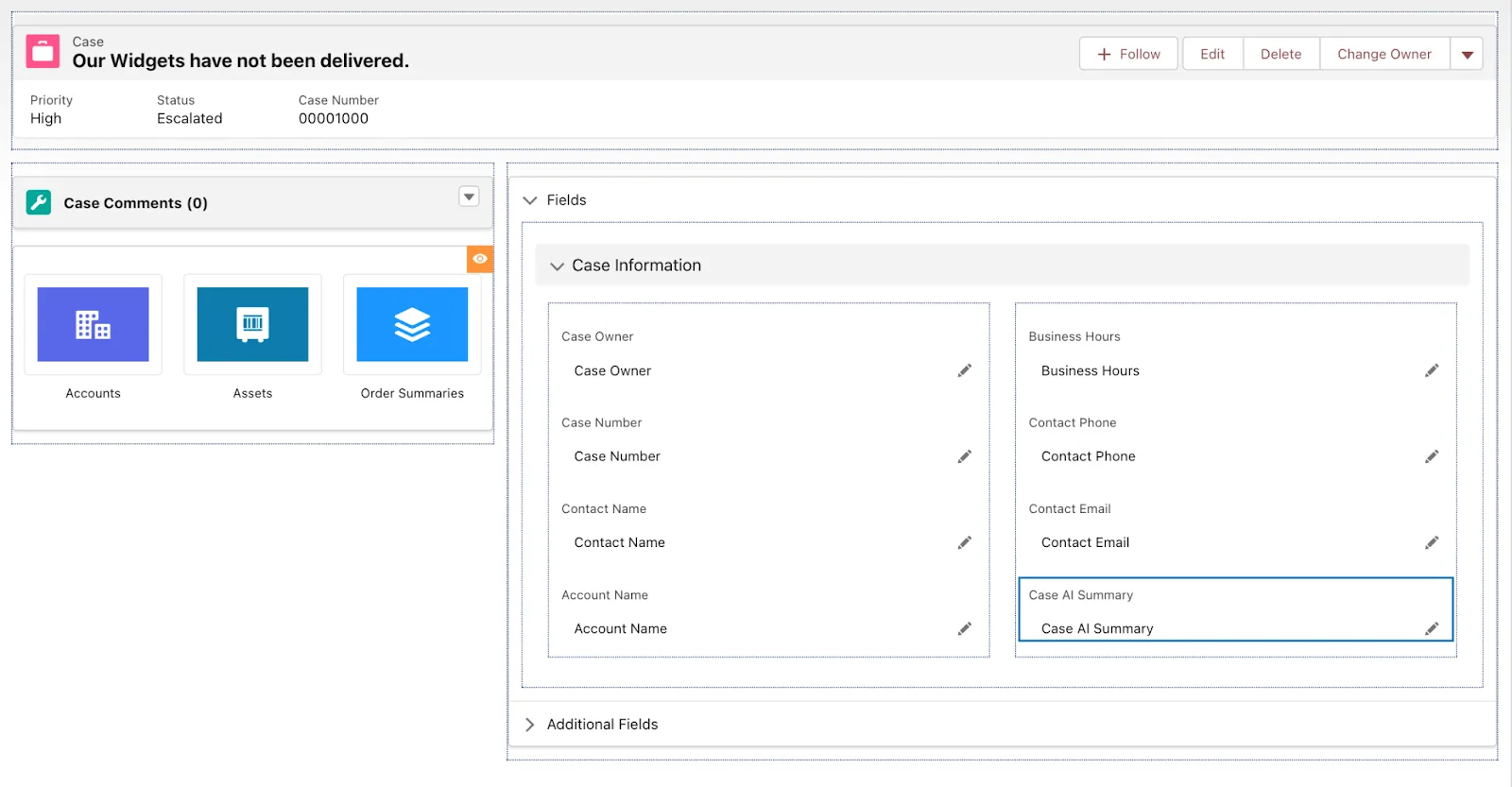 Lightning App Builder view adding the Case AI Summary field to Case Information.