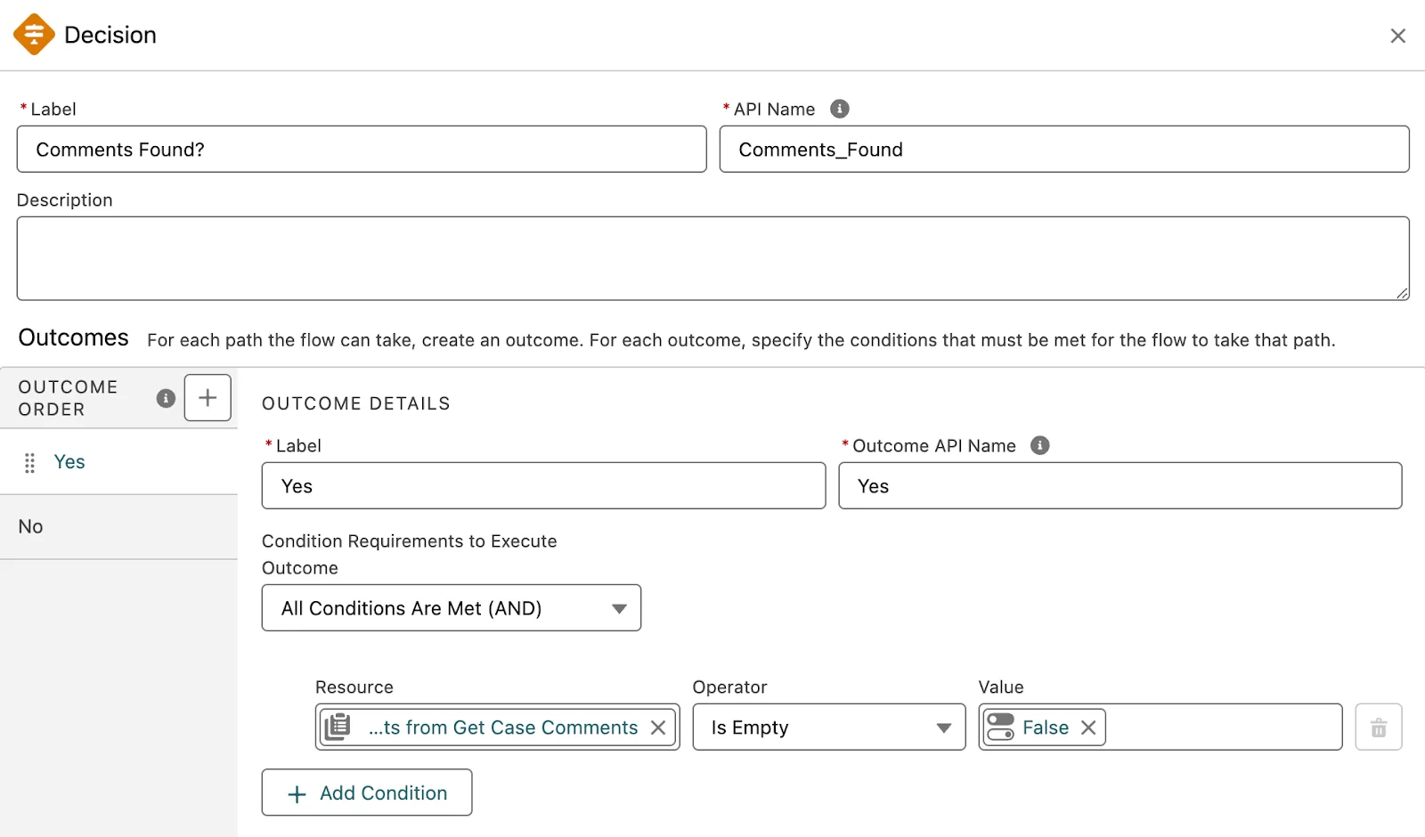 The Decision element’s configuration corresponding to the preceding instructions.