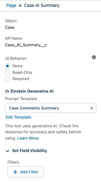 Case AI Summary 필드에 대한 Lightning 앱 빌더 필드 속성 패널.
