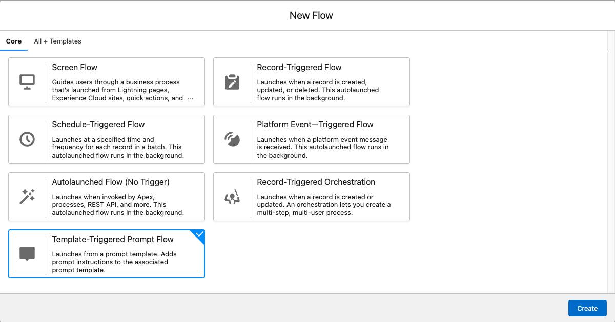 New Flow window with Template-Triggered Prompt Flow selected.