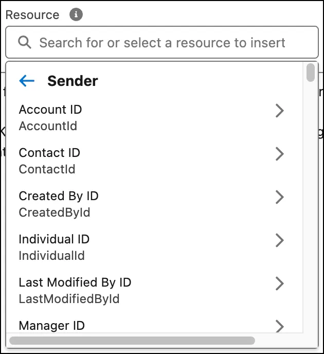 Resource picker displays the sender merge fields available.