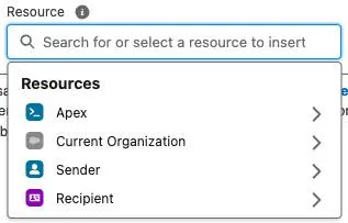 List of resources including Apex, Current Organization, Sender, and Recipient.