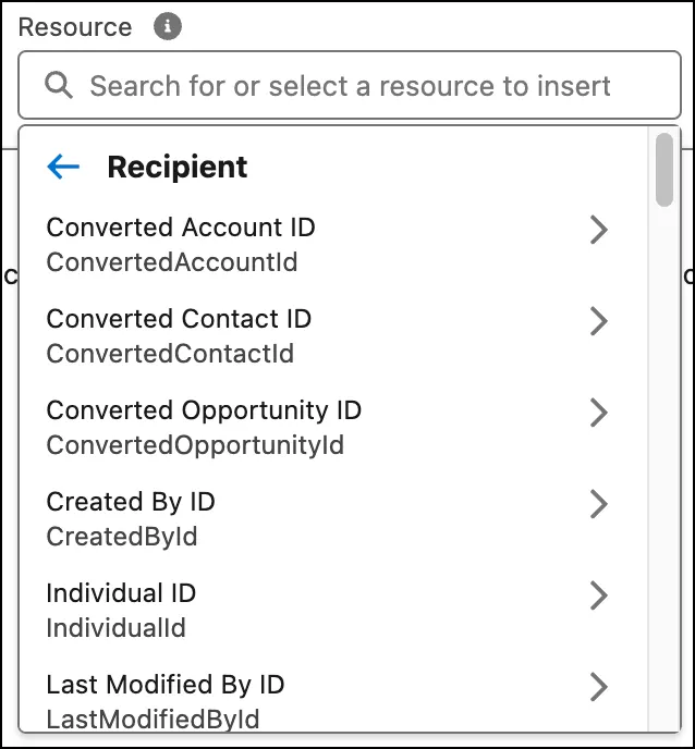 Resource picker displays the recipient merge fields available.