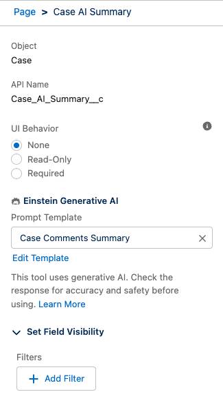 Lightning App Builder field properties panel for the Case AI Summary field.