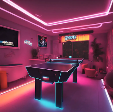 An illuminated neon game room with a ping pong table and neon signage.