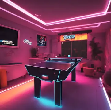 Sala giochi illuminata al neon con tavolo da ping pong e insegne al neon.