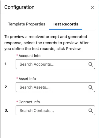 Flex inputs for Account, Asset, and Contact info are displayed in the Test Records tab within the Configuration side panel.