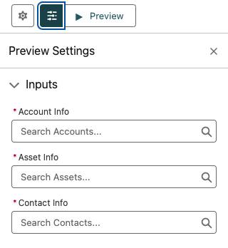 As entradas flexíveis de Account (Conta), Asset (Ativo) e Contact info (Informações de contato) são exibidas na guia Test Records no painel de configuração lateral.